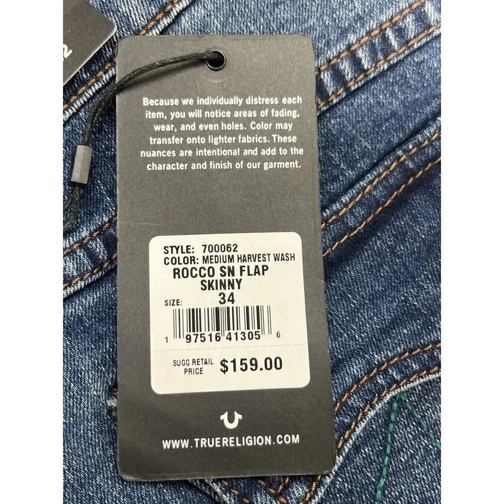 True Religion Rocco Men's Jeans Flap Pockets Relaxed Skinny Size 34X22 (34X31.5)
